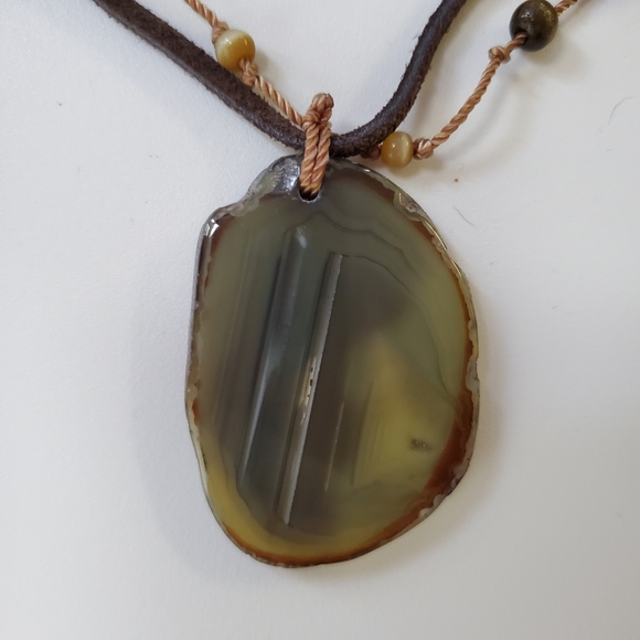 Boho Necklace with Flat Green Stone and Brown Cord - Picture 2 of 7